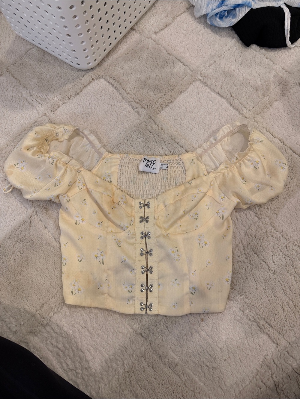 Princess Polly Pale Yellow Floral Puff Sleeve Hook-Front Crop Top